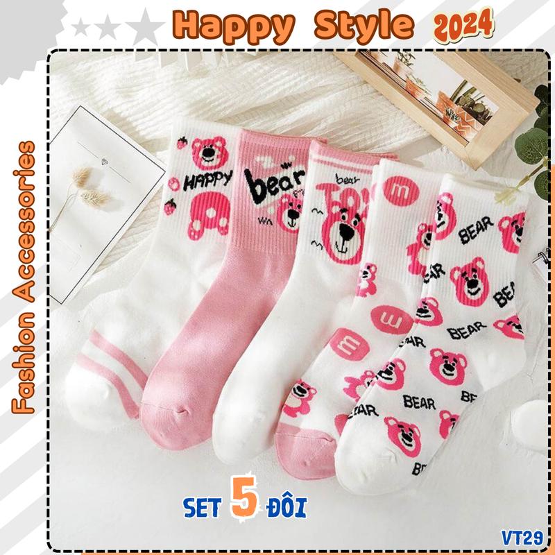 Tất Vớ Cổ Cao Sét 5 Đôi Tất Chân Nam Nữ Họa Tiết Gấu Chất Cotton Co Giãn VT29 Nhung 