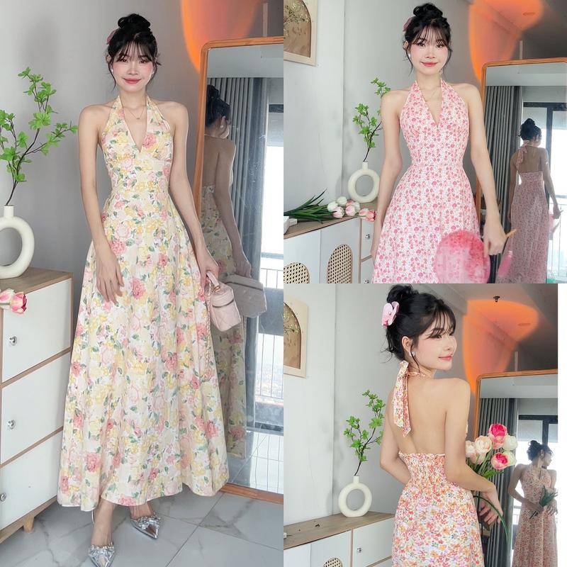 [Đ.02-D](Có Sẵn) Đầm Cổ Yếm Hoa Nhí Dáng Dài Chất Kate Cotton (Có Mút Đệm - Bo chun lưng) | Tũm Clothing xoè mituu dress