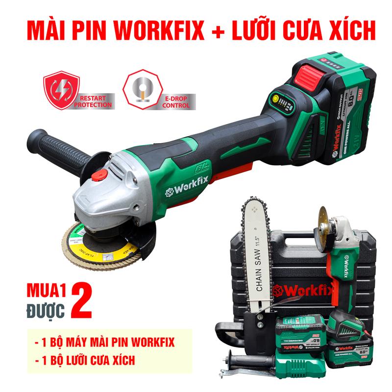 [Tặng lưỡi cưa xích] Máy Mài Compact 100mm Dùng Pin Workfix- Màu XANH - Công Tắc Bóp - Brushless Motor - 2 Pin 15 Cell 21V/6Ah - Chân Pin Phổ Thông - Tay Cầm Trợ Lực - Lõi Đồng - AG100B  Máy mài thẳng Angle Grinders