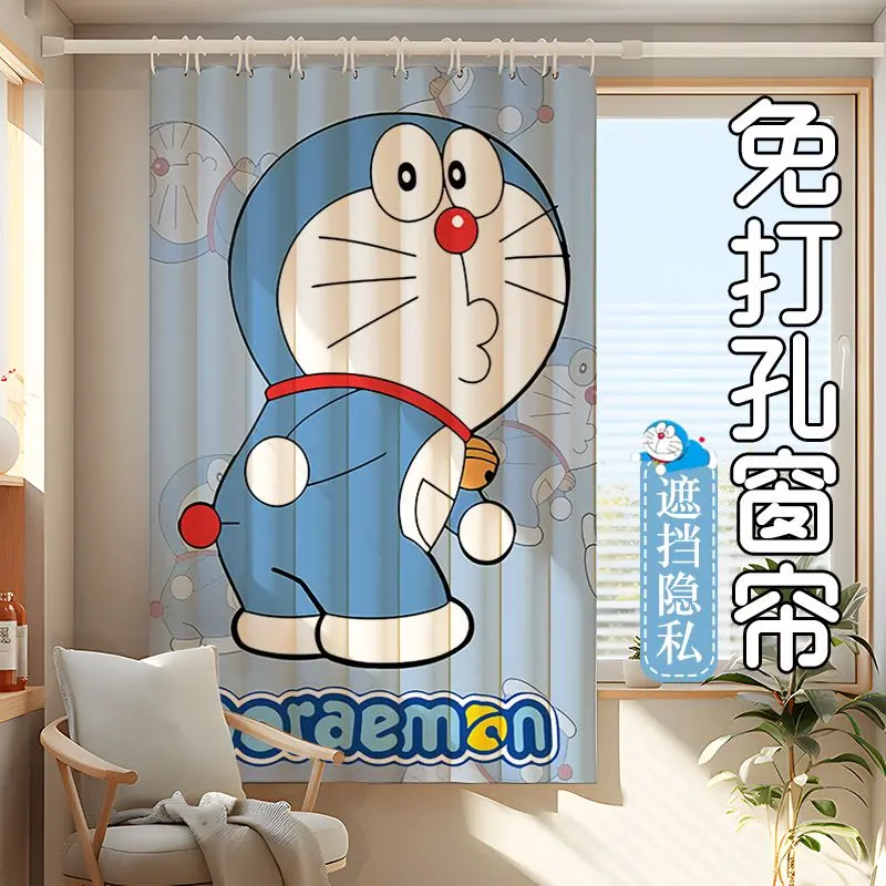 Children's Room Curtains for Girls and Boys, Blackout Bedroom Curtains for Windows, Cartoon Doraemon, No-Drill Installation, Short Style