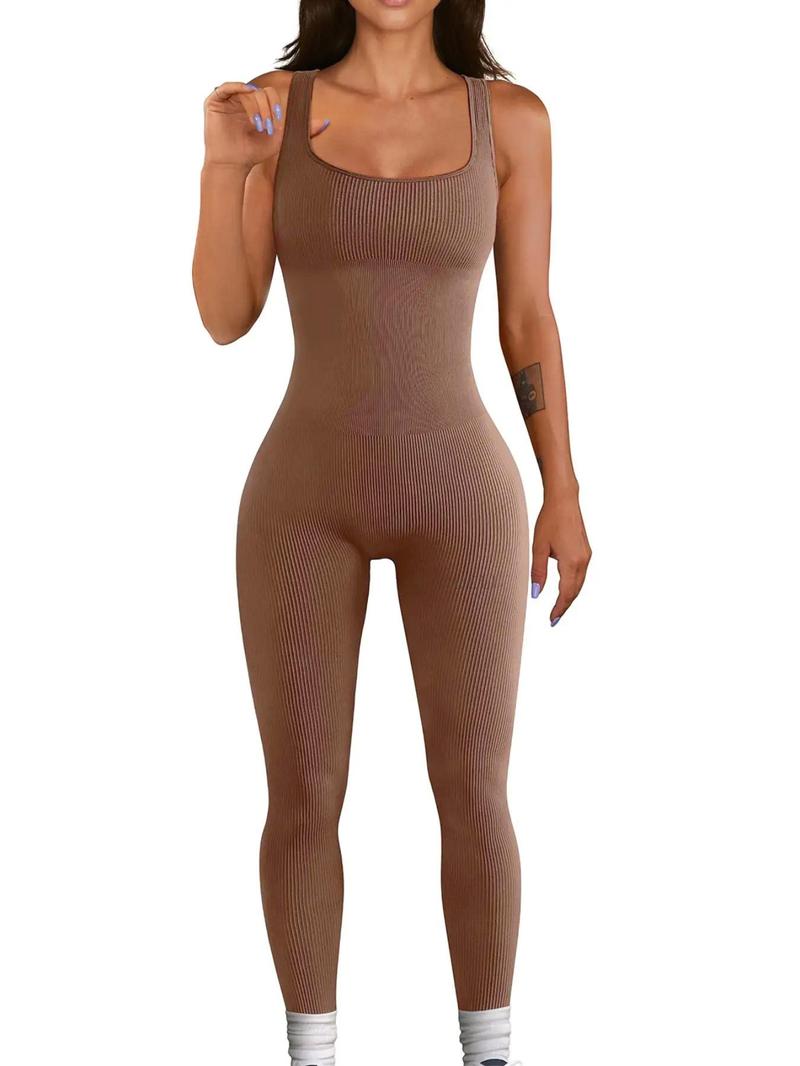 Product Introduction of Women's Plain Textured Ribbed Square Neck Summer Sports Jumpsuit, Summer Clothes, Casual One-Piece Bodysuits for Women, Workout Unitard for Yoga Gym Workout, Jumpsuit for Women 5