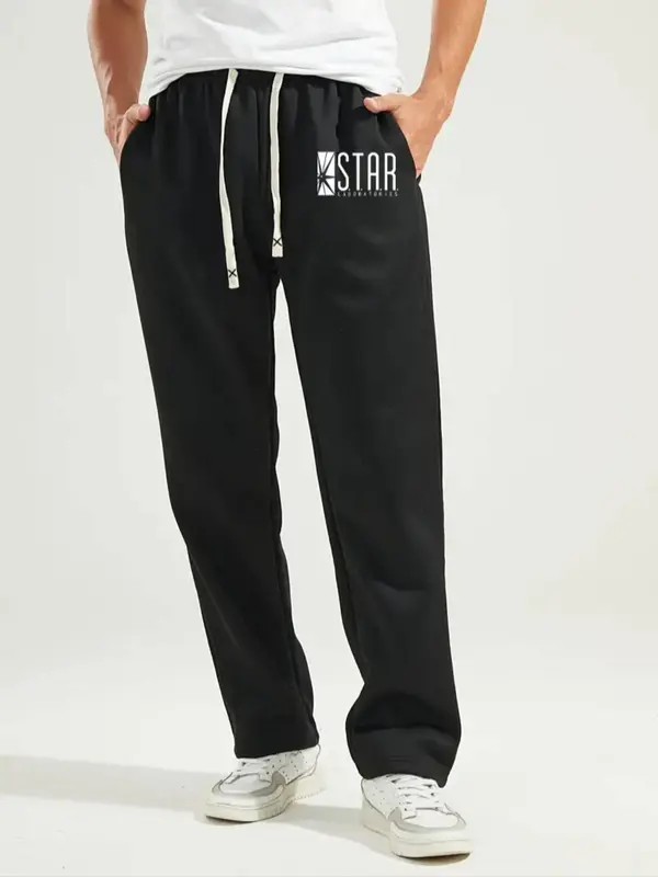 Unisex Letter Print Drawstring Waist Sweatpants, Casual Pocket Straight Leg Trousers for Daily Wear, Unisex Bottoms for All Seasons 5