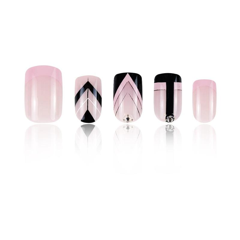 Pink and Black Press on Fake Nail, 24pcs Rhinestone Decor Fashion Press on Nails & 1 Count Tape & 1 Count Nail File & 1 Count Wooden Stick 5