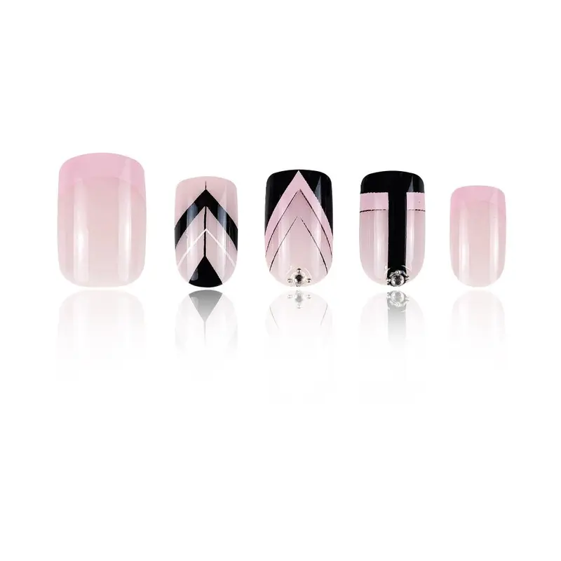 Pink and Black Press on Fake Nail, 24pcs Rhinestone Decor Fashion Press on Nails & 1 Count Tape & 1 Count Nail File & 1 Count Wooden Stick 5