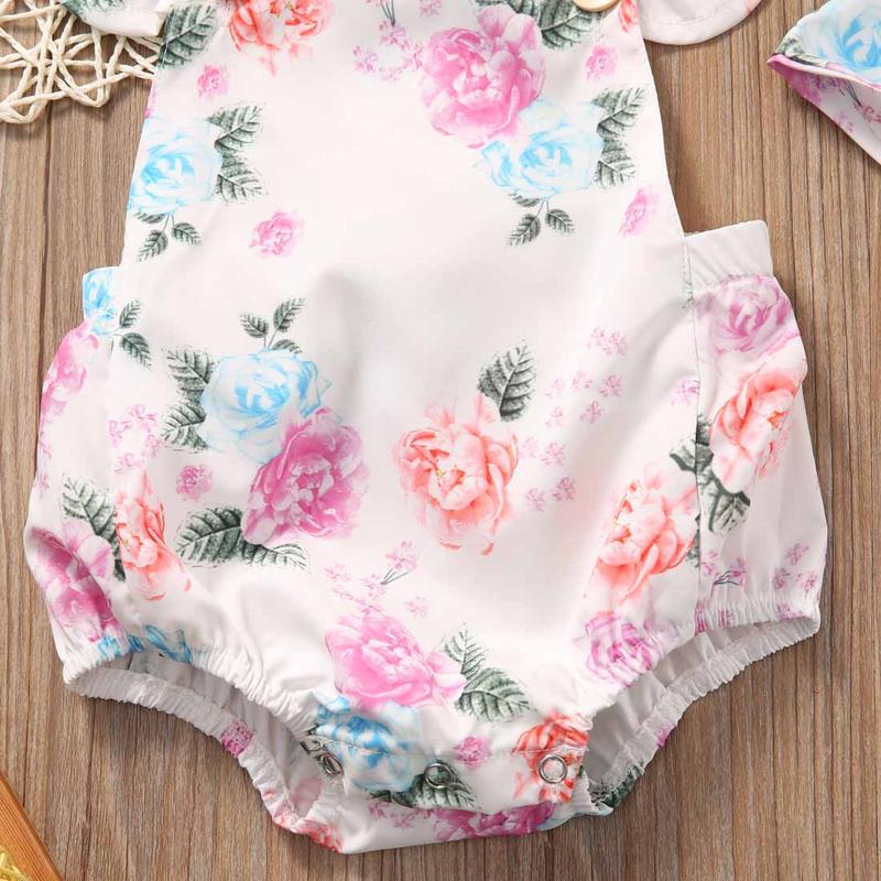 Product Introduction of 2PCS Clothes Set Newborn Baby Girls Flying Sleeve Flower Open Back Romper + Bow Headband Clothes 37