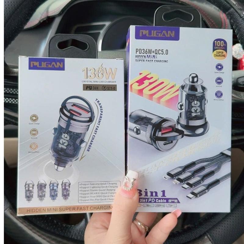 Tẩu Sạc Nhanh Ô Tô PUGAN 130w (QC5.0 + PD36W) Sạc Siêu Nhanh Cắm Tẩu Âm Nguồn 2 Cổng USB và TYPE C Phù Hợp Mọi Dòng Xe 5