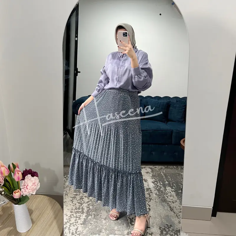 Haseena Rok Susun Rempel Plisket Zeina Motif Bintik Tabur | Bawahan Wanita Muslim Motif Polkadot Emas Mini Tabur Skirt Ruffle Panjang Jumbo 2