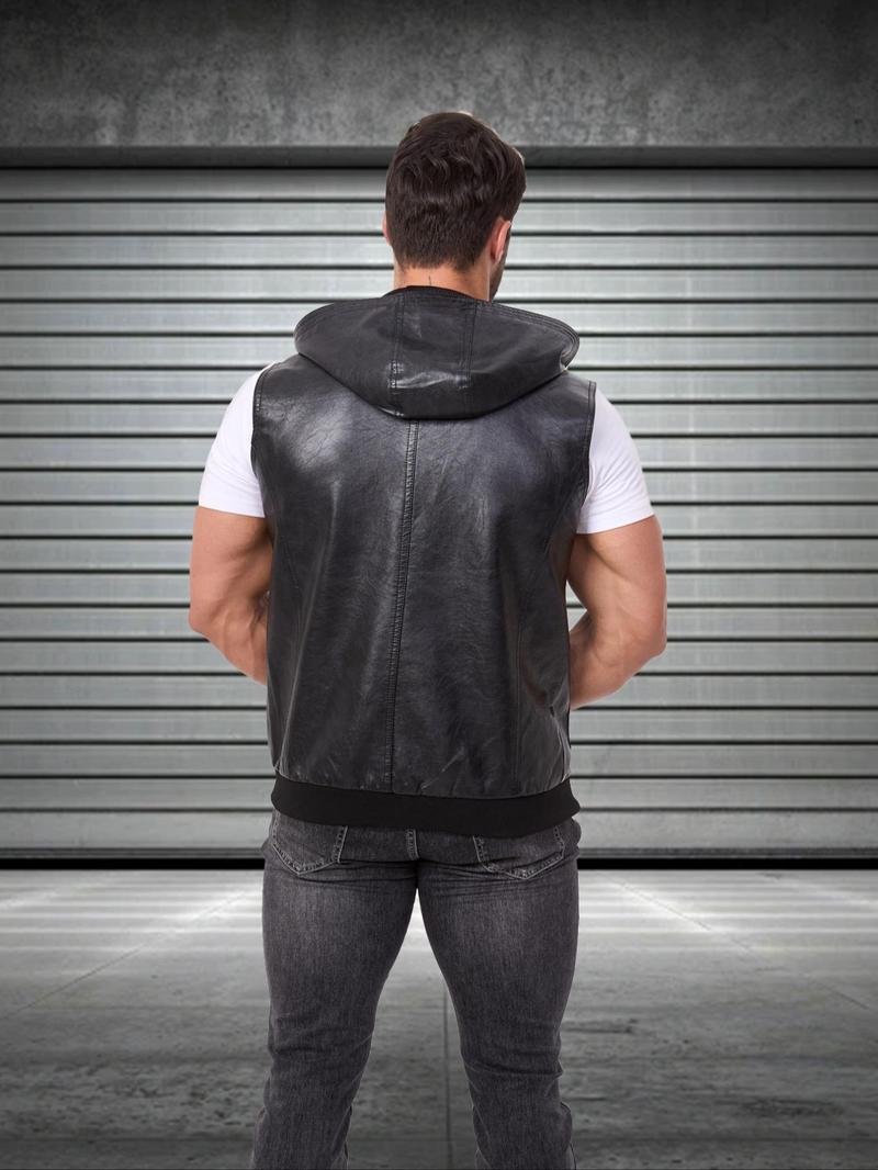 Product Introduction of Men's Solid Color PU Leather Vest Jacket, Casual Fashion Sleeveless Outerwear for Daily Outdoor Wear, Men Cloths for Fall & Winter 6