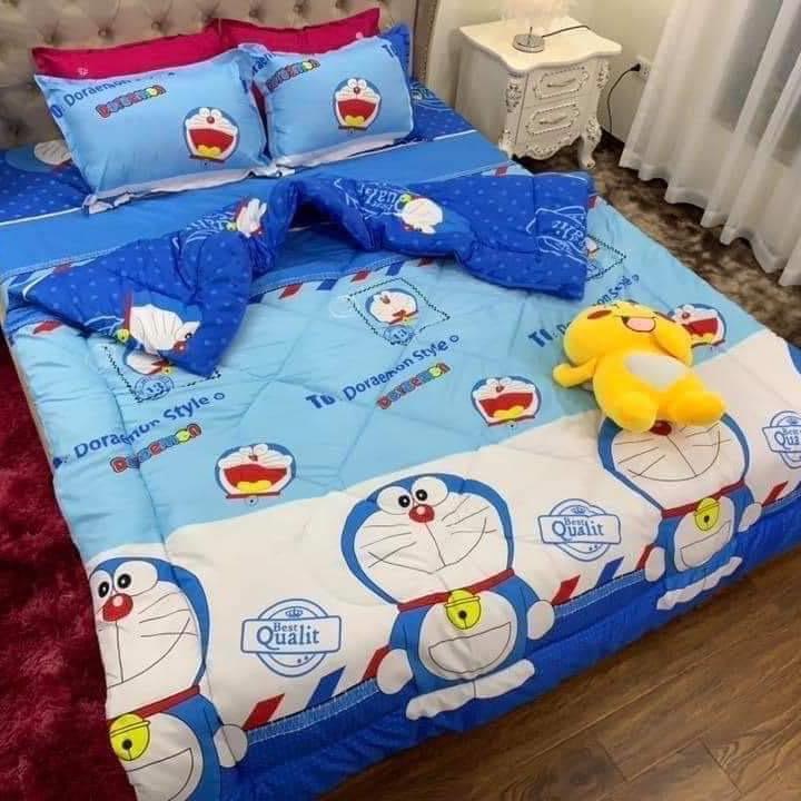 Sét 5 món doremon ( chăn phao , ga nệm , 2 vỏ gối đầu, 1 vỏ gối ôm )