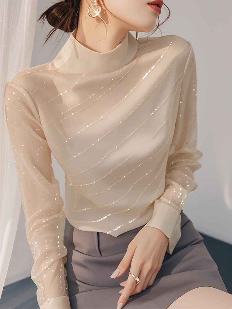 Product Introduction of Beautiful Blouse French Style Temperament Top Light Beige Sequined Long Sleeve Women's Shirts Womenswear Lingerie Comfort Basic Minimalist 14