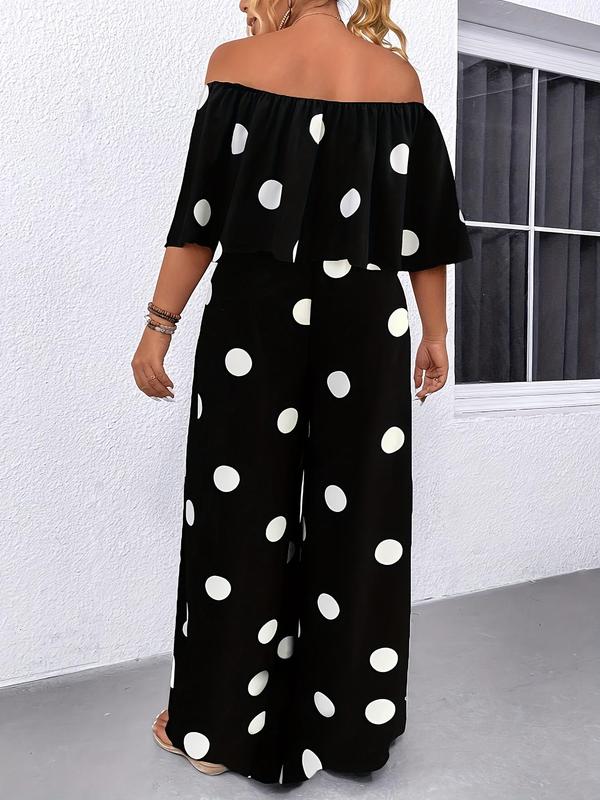 Plus Size All Over Polka Dot Print Off Shoulder Top & Wide Leg Pants Two-piece Set, Boho Fashion Casual Drop Shoulder Top & Palazzo Pants for Daily Holiday Vacation Wear, Women's Two-piece Outfits for Summer 1