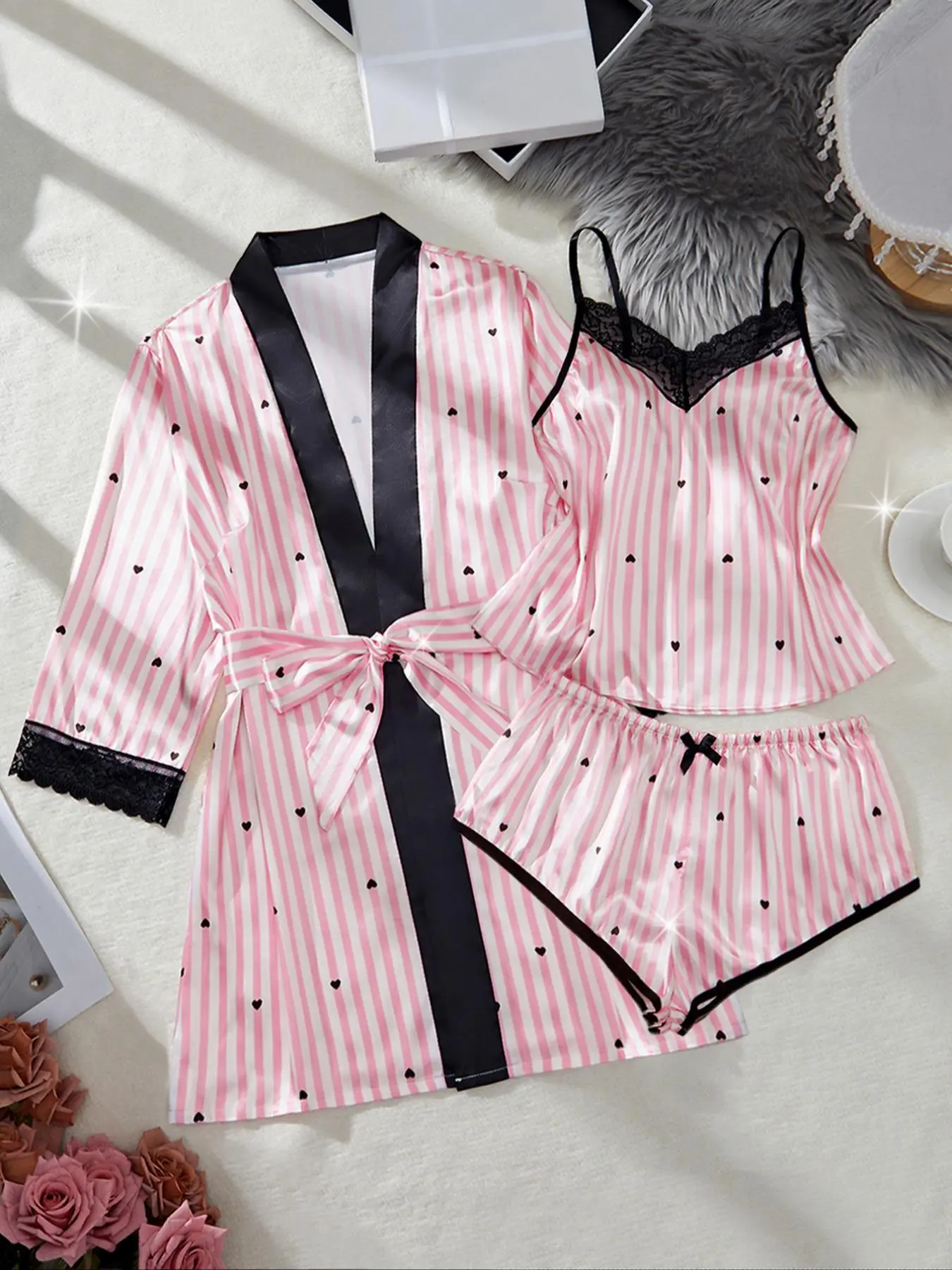 Women's All Over Print Contrast Lace Bow Front Satin Lounge Set, Elegant Contrast Binding Cami Top & Shorts & Belted Lounge Robe Three-piece Set, Ladies Sleepwear for All Seasons