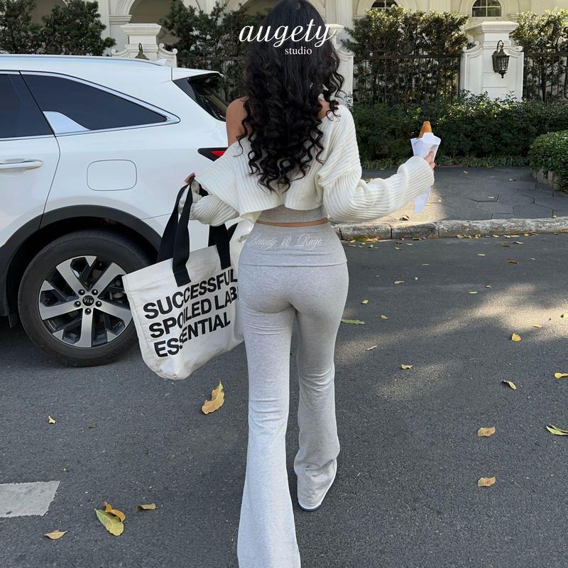 Quần Ống Loe Legging Thun Cạp Trễ Dáng Dài Gập Eo AUGETY EVELYN LEGGINGS Nữ Cotton Nhung Thun