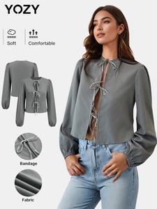 YOZY Women's Plain Tie Front Bishop Sleeve Blouse, Casual Long Sleeve Tie Neck Top for Daily Wear, Ladies Clothes for All Seasons