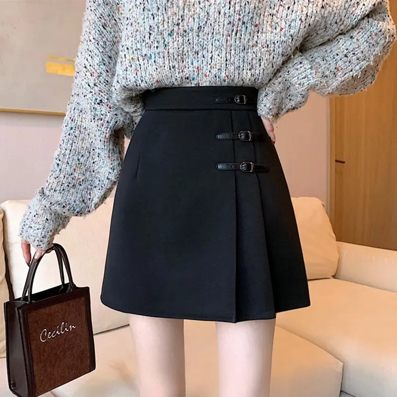 Chân Váy Len, Màu Đen, Dành Cho Nữ, Mùa Thu Và Mùa Đông, Phong Cách Hàn Quốc, Cạp Cao, Chân Váy Xếp Ly, Bó Sát, Chân Váy Bodycon Chữ A Dễ Phối Đồ, Phong Cách 2024 1