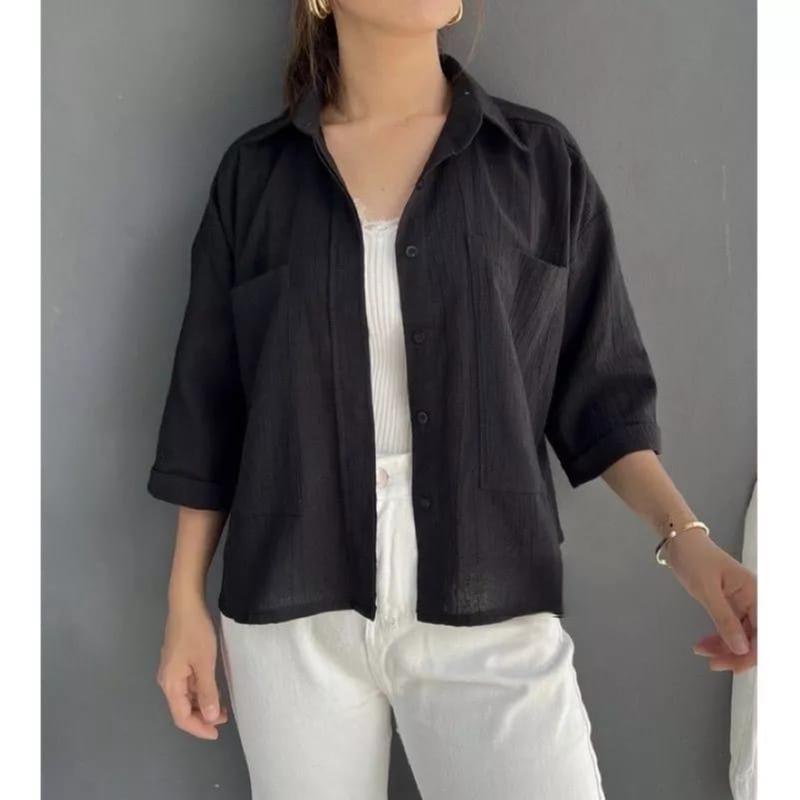 Kemeja Linen Wanita / Atasan Wanita Korean Style / COZIE TOP KEMEJA LINEN /   Blouse Korea Polos 120 Baju Crinkle Kancing Panjang Flowy Mewah 5