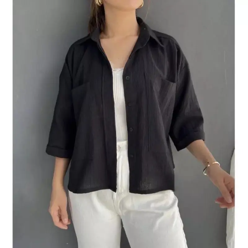 Kemeja Linen Wanita / Atasan Wanita Korean Style / COZIE TOP KEMEJA LINEN /   Blouse Korea Polos 120 Baju Crinkle Kancing Panjang Flowy Mewah 4