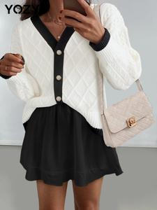 YOZY Women's Colorblock Contrast Binding Button Front Sweater Cardigan, Casual Drop Shoulder Long Sleeve V Neck Cardigan, Women Knitwear for Fall & Winter