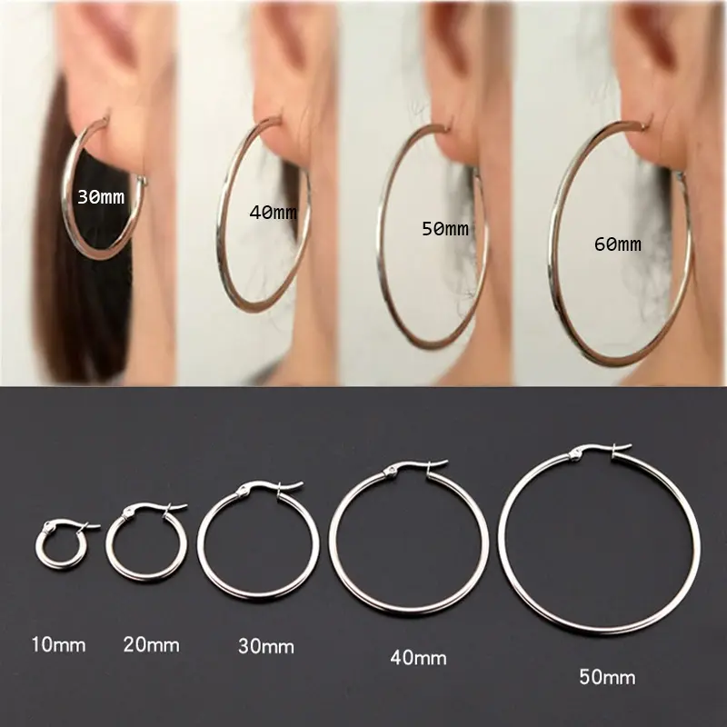 1 Pair 10mm-70mm Sterling Silver Color Hoop Earrings Big Stainless Steel Circle Earrings Bow Earrings For Women