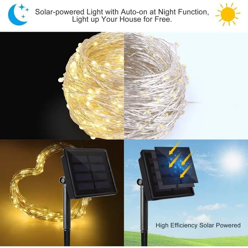 Đèn năng lượng mặt trời, Đèn dây cổ tích LED, Không thấm nước, 8 chế độ ánh sáng, Có sẵn trong 103m / 52m / 42M / 32m / 22m / 12m / 7M, Thích hợp cho sân vườn, chủ đề, cây, trang trí đám cưới, quà tặng Giáng sinh và Năm mới 1