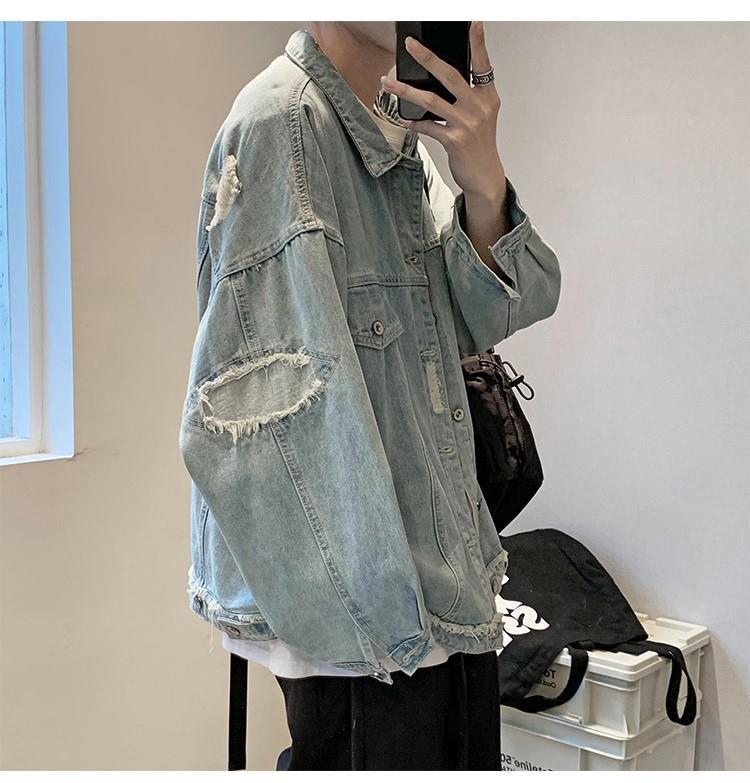 Product Introduction of Áo Khoác Denim Rách, Phong Cách Hồng Kông, Dành Cho Nam Giới, Phong Cách Hàn Quốc, Áo Khoác Dáng Rộng Hợp Xu hướng, Thanh Niên Nghệ Thuật, Đẹp Trai, Thích Hợp Cho Học Sinh, Dễ Phối Đồ, Dép, Thích Hợp Cho Mùa Xuân Và Mùa Thu 13