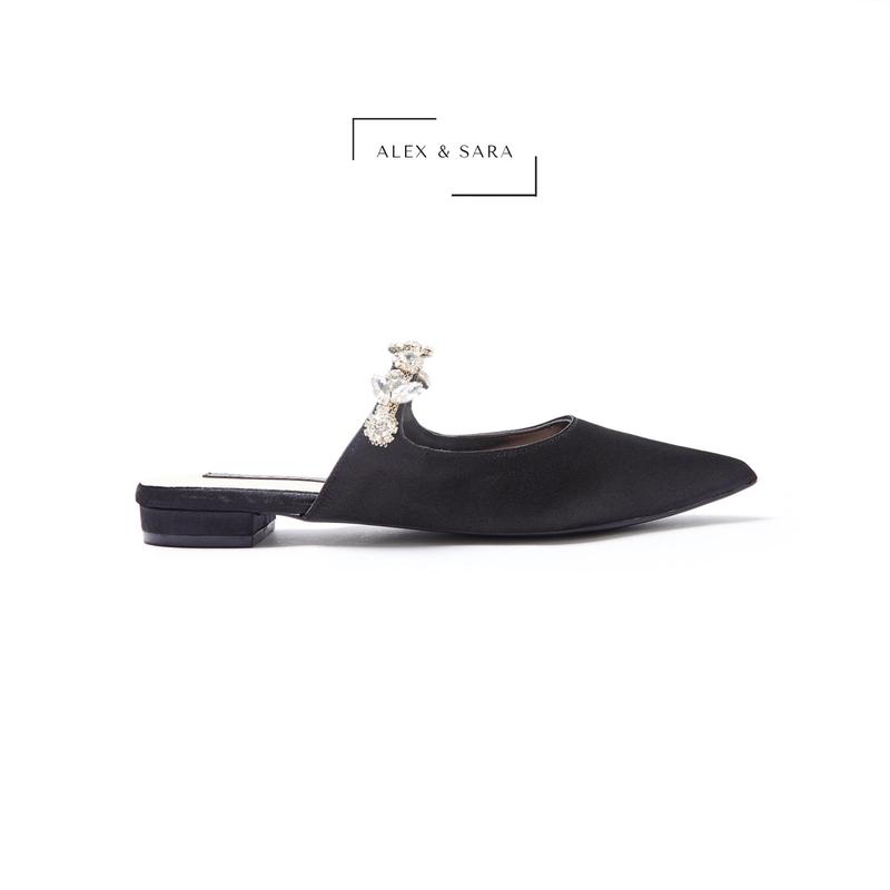 AL316 - Sục ALEX SARA Mũi Nhọn Bệt Da Lụa Satin Đính Đá Cao 1cm Nữ