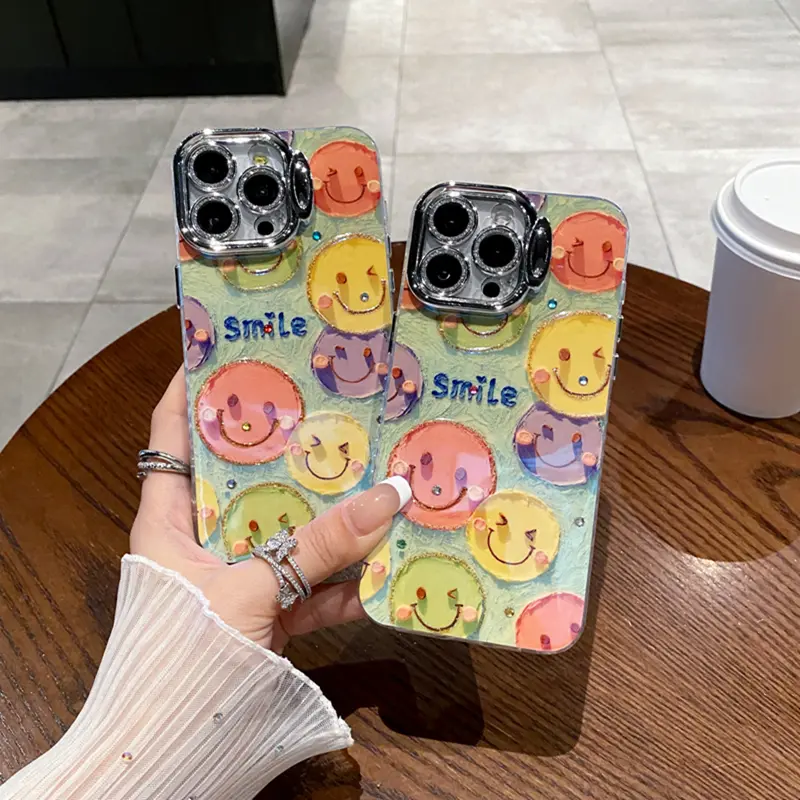 Mẫu mới cho iPhone 15Pro Max 14Plus 13Pro 12Pro Max iPhone11, ốp điện thoại Xanh Biển di động, sơn nhẹ, mặt cười đầy màu sắc dễ thương, khung lỗ mịn, vỏ bảo vệ chống va đập, vỏ IMD chống trượt 0