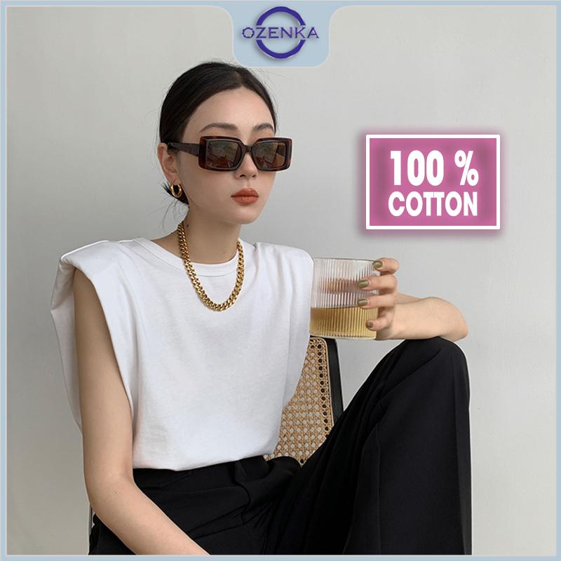  Áo thun tay hến độn đệm vai nữ đen trắng OZENKA  áo phông kiểu hàn quốc sang chảnh hot trend 2022 100% cotton mềm mịn Top Cổ Tròn Jean Denim Women Voi 