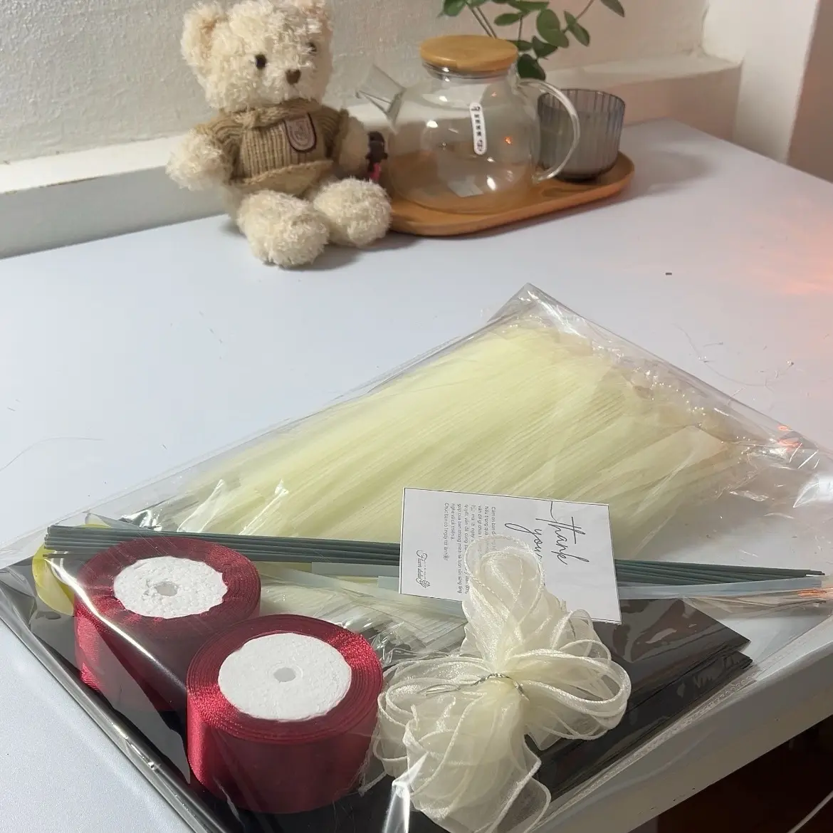 Set làm hoa ruy băng có voan sóng ngọc trai 20-25 bông