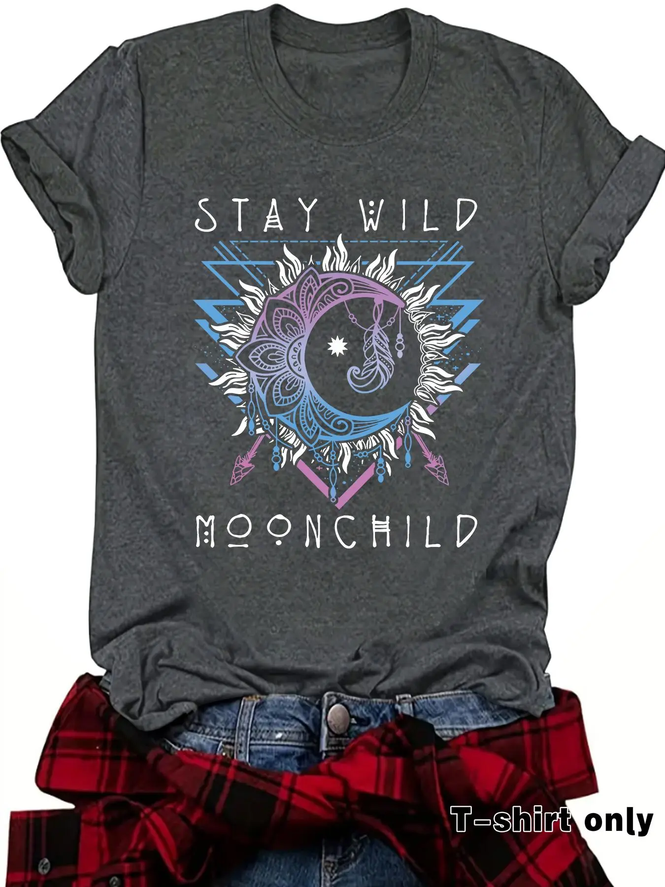 Women's Letter & Moon Print Round Neck Tee, Casual Short Sleeve Crew Neck T-shirt for Summer, Fashion Women's Top for Daily Wear