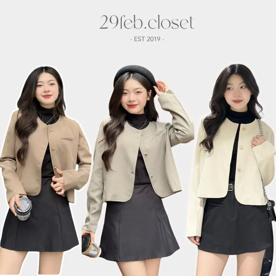 Áo Khoác Vest Blazer Nữ Trơn Khuy Đồng Cổ Tròn 29feb.closet Một Túi Trước Thu Đông - A350 Women Top  Kem