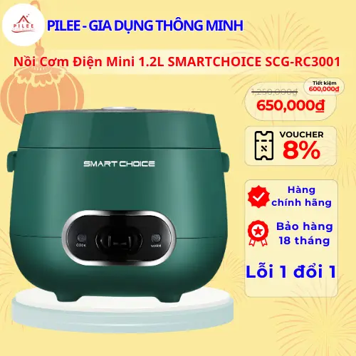 Nồi Cơm Điện Mini 1.2L SMARTCHOICE SCG-RC3001 Lòng Nồi Ceramic Siêu Bền An Toàn Sức Khỏe Nấu Hầm Luộc Hấp