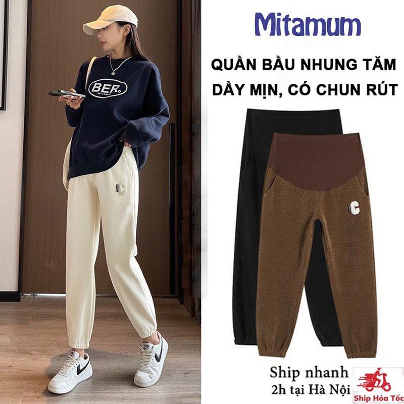 Quần bà bầu dài BOMBER mùa đông chất NHUNG TĂM bo gấu dáng thể thao BᶖgSIZE ống rộng công sở thiết kế thời trang jogger