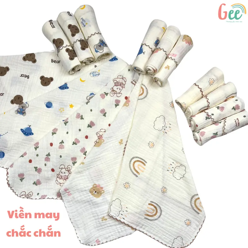 Khăn sữa muslin Gee, set 5 khăn xô mềm mịn mát, thấm hút, an toàn cho bé, họa tiết dễ thương, vải cotton 2 lớp, 30x30cm 7