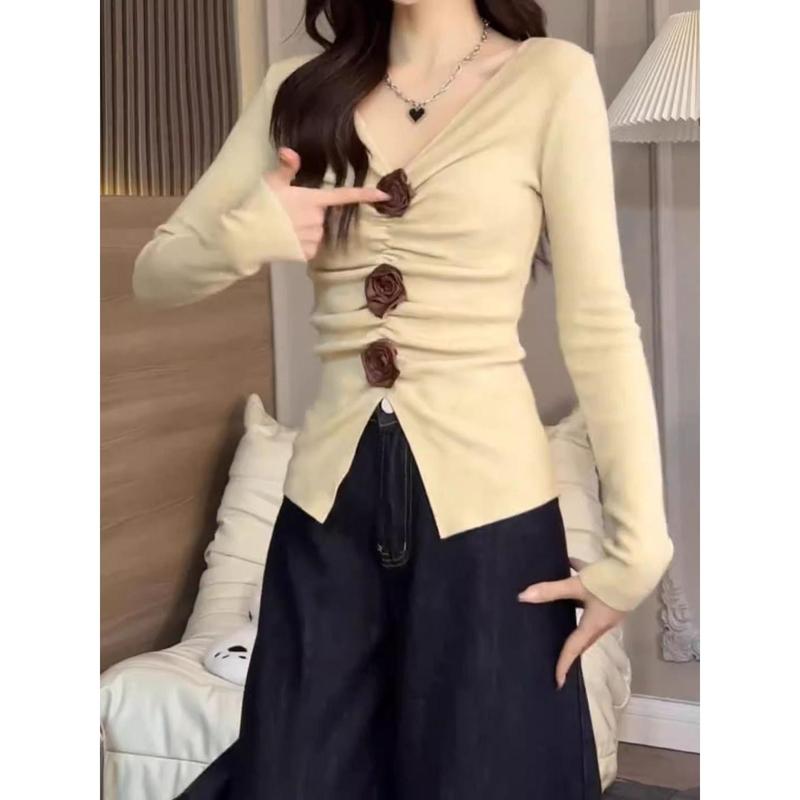 Áo Lớp Nền, Dài Tay Mùa Thu Của Phụ Nữ, Thiết Kế Hoa Ba Chiều Cổ Chữ V, Eo Xếp Ly, Áo Xẻ Tà Bó Sát Màu Đen, Áo 3