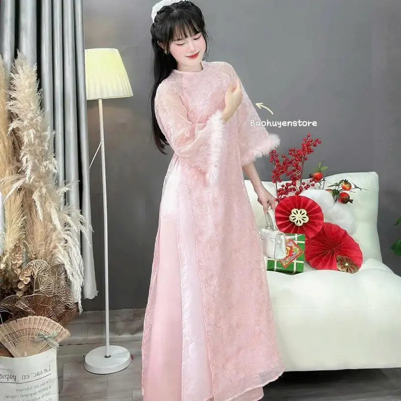Áo dài Von tơ thêu phối tay nông cách tân hot trend chụp anh đi chơi du xuân 2025 Nữ Women Dress Cổ Tròn Voan 4