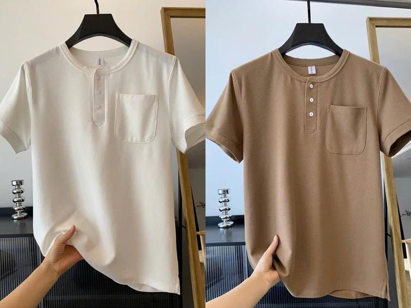 Áo phông nam cổ tàu 3 cúc túi ngực Menswear Cotton mới nhất Pique Cộc Tay