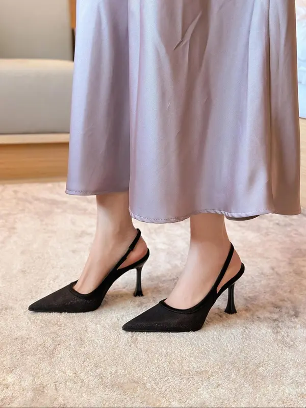 Women's Solid Color Pointed Toe High Heel Shoes, Elegant Fashionable Black Heels for Party, Daily Clothing Decor, Back Empty Versatile Shoes for Women, Footwear 8