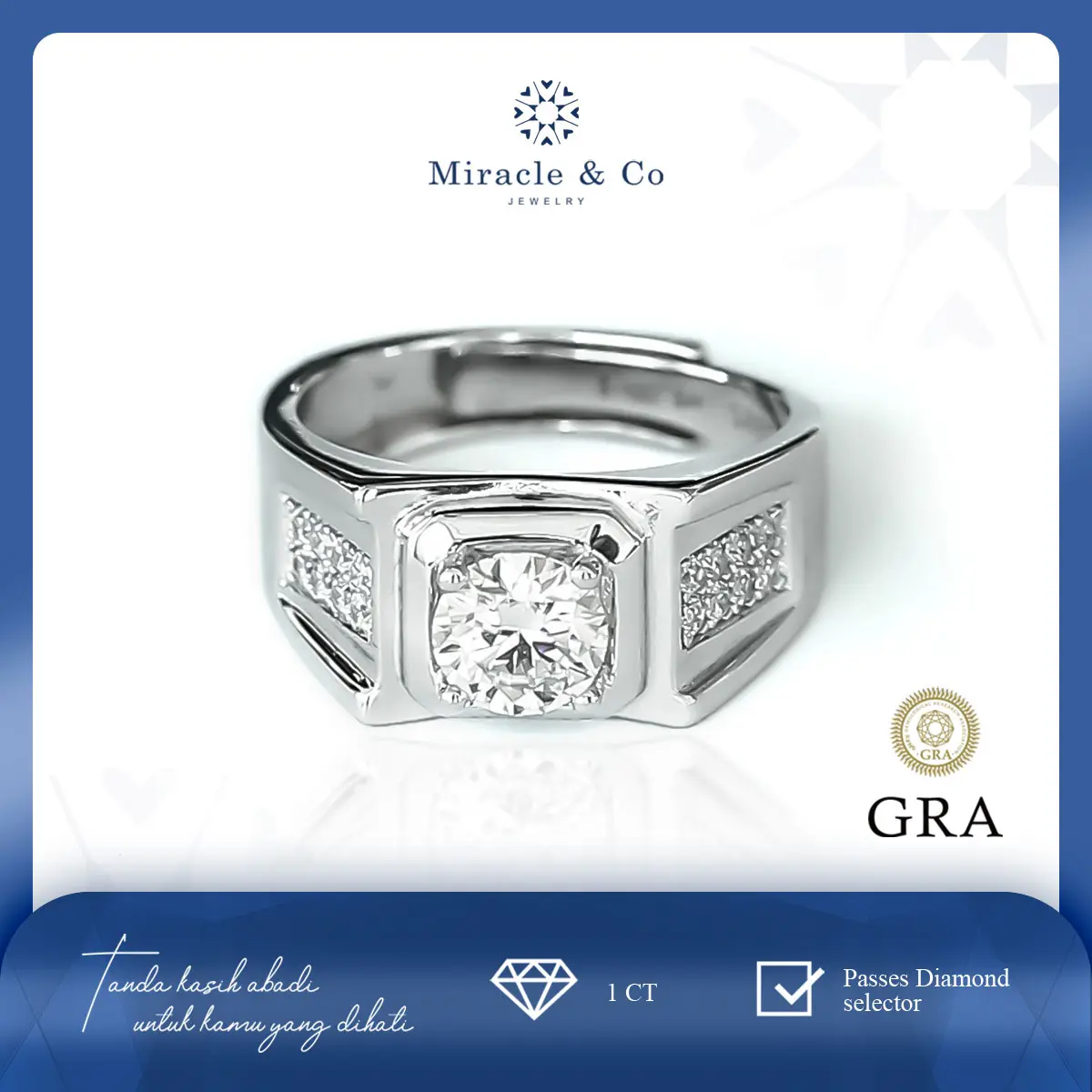 Miracle & Co - Cincin Bright Simple Male  - Cincin Pria Batu Berlian Moissanite Asli Sertifikat GRA Lapis Emas 18K