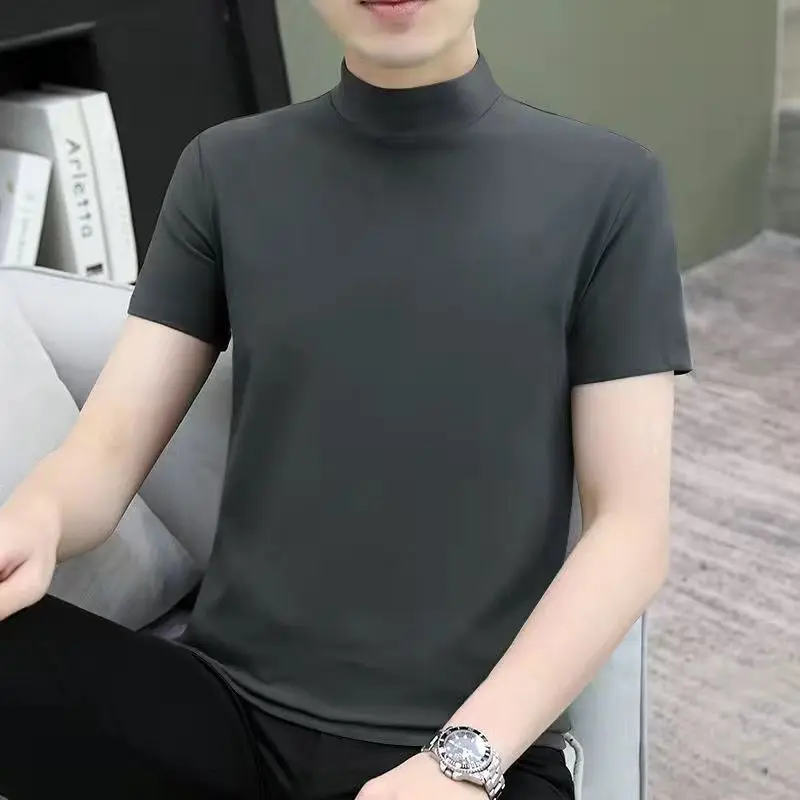 Turtleneck Sweater Men's Clothing Men's Summer Men's Half-High Collar Modal Short-Sleeved Slim T-shirt Men's Modal High Collar Trendy Bottoming Shirt Short Sleeve Clothe Human Knitwear Top Menswear Beige Round Neck Tropical Casual Crewneck Plain