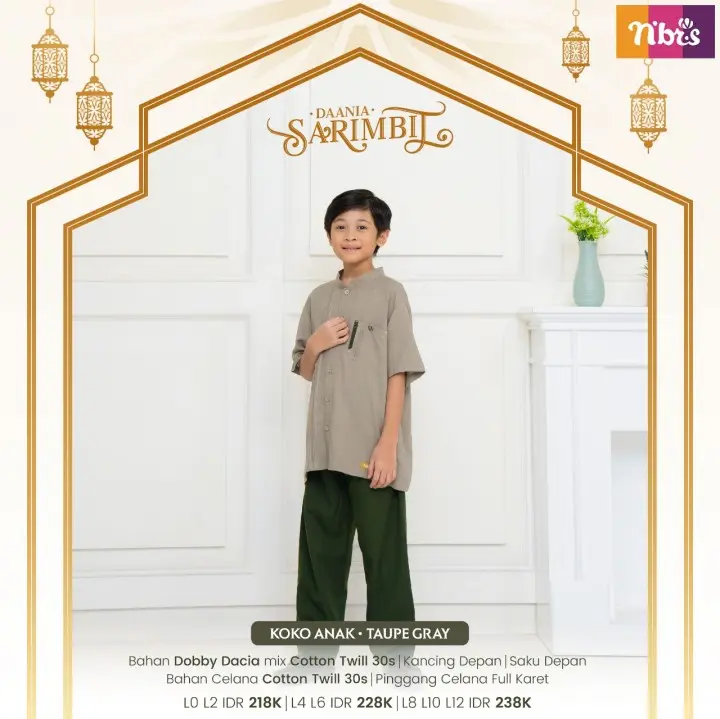 SARIMBIT NIBRAS DAANIA TAUPE GRAY BY NBRS BAJU BUSANA MUSLIM PRIA WANITA GAMIS IBU BUSUI FRIENDLY ANAK PEREMPUAN CEWEK KOKO ATASAN AYAH LENGAN PENDEK ANAK LAKI COWOK SERAGAM LEBARAN RAMADHAN KOKO HARI RAYA KONDANGAN WARNA HIJAU COKLAT ABU POLOS COD 6