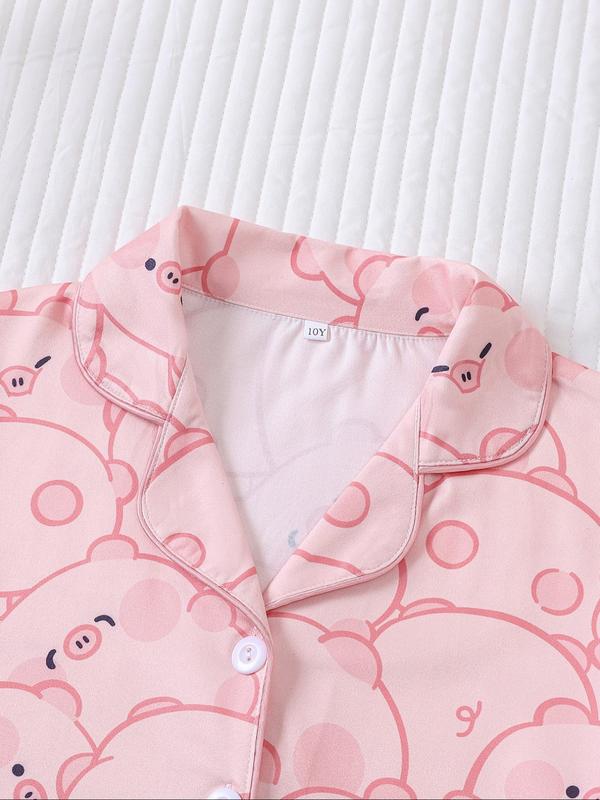 Girl's Cartoon Cat Print Lapel Neck Shirt & Shorts Two-piece Pajamas Set, Cute Casual Short Sleeve Top & Shorts, Kids Sleepwear for All Seasons 6