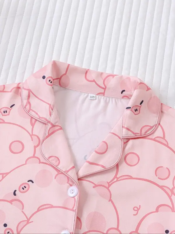 Girl's Cartoon Cat Print Lapel Neck Shirt & Shorts Two-piece Pajamas Set, Cute Casual Short Sleeve Top & Shorts, Kids Sleepwear for All Seasons 6