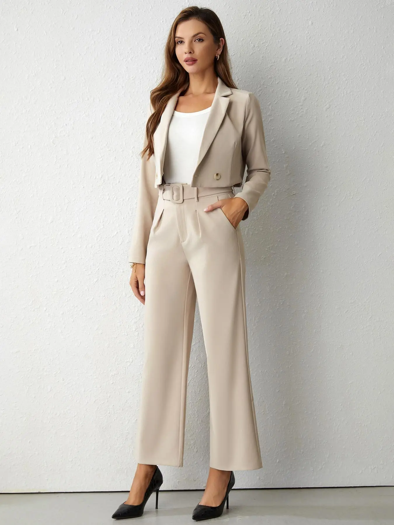 Women's Solid Button Front Crop Blazer & High Waist Pants Two-Piece Set, Elegant Lapel Neck Long Sleeve Outerwear & Belted Trousers for Work Office Business, Ladies Two-piece Outfits