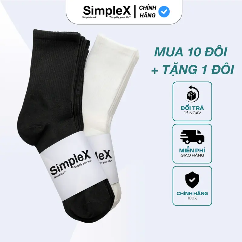 [SimpleX][PREMIUM][SET 10 ĐÔI + TẶNG 1] Tất Vớ Nam Nữ Trơn Unisex Cổ cao, Cổ Trung, Cổ Thấp 0
