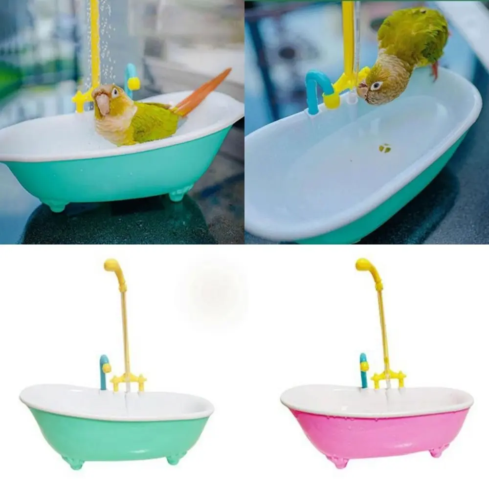 New Automatic Parrot Bathtub Battery Operated Plastic Bird Shower Supplies Cage Accessory Pink Green Parrots Bath Toy for Small Pets