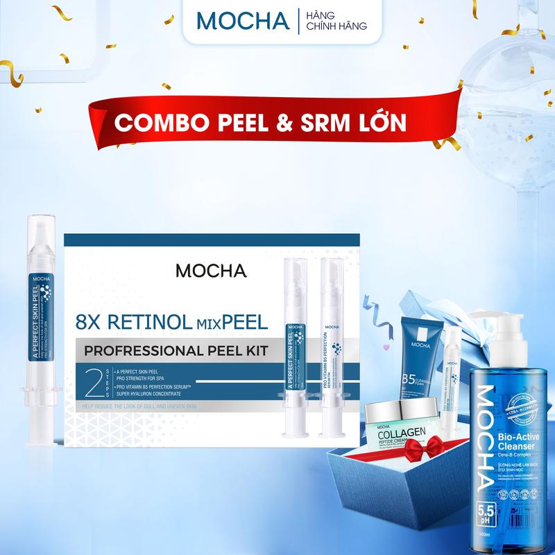COMBO PEEL MOCHA & SỮA RỬA MẶT B5 BIO ACTION 300ML LỚN NHÃN HIỆU MOCHA gồm 5 sản phẩm: 1 ống peel mocha 10ml 1 ống tinh chất phục hồi 10ml 1 dưỡng collagen 30gr 1 sữa rửa mặt b5 25gr 1 Sữa rửa mặt b5 300ml