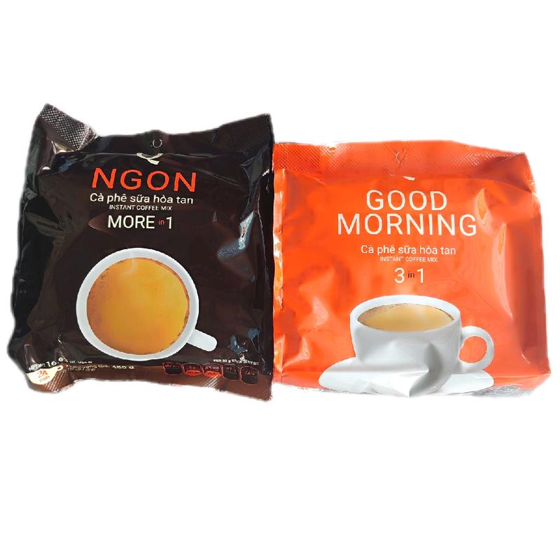  combo 2bịch cà phê sữa Trần Quang 1bịch cafe goodmorning 3in1 và 1bịch cafe ngon mổi bịch gồm có 24ống 20g Coffee bấm 
