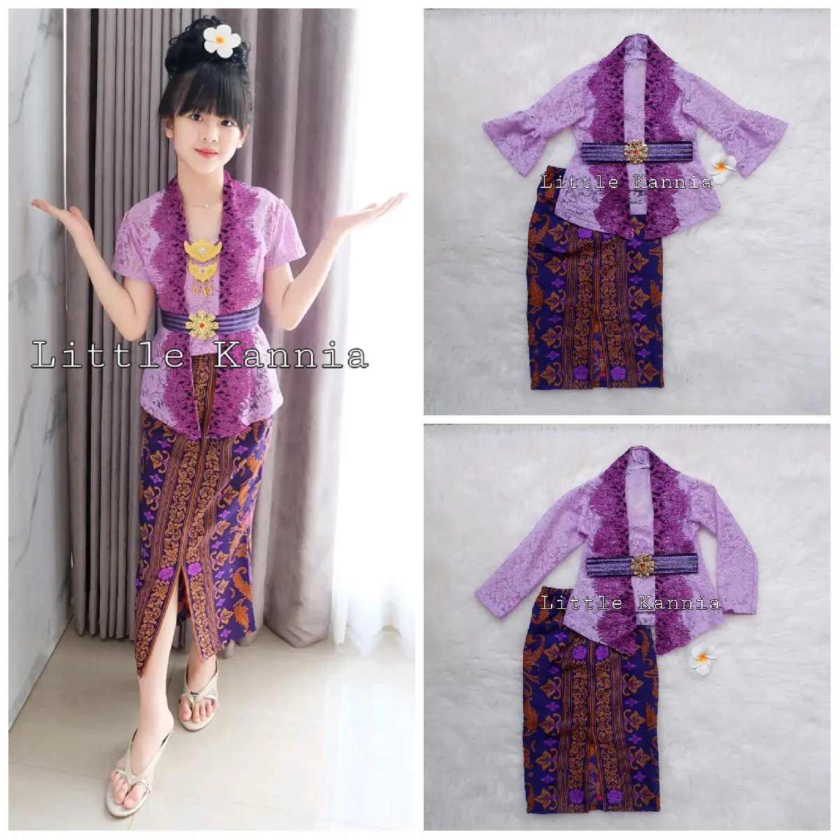 SET KEBAYA ANAK UNGU LILAC KOMBINASI (MOTIF RAMBAT UNGU) Setelan Rok