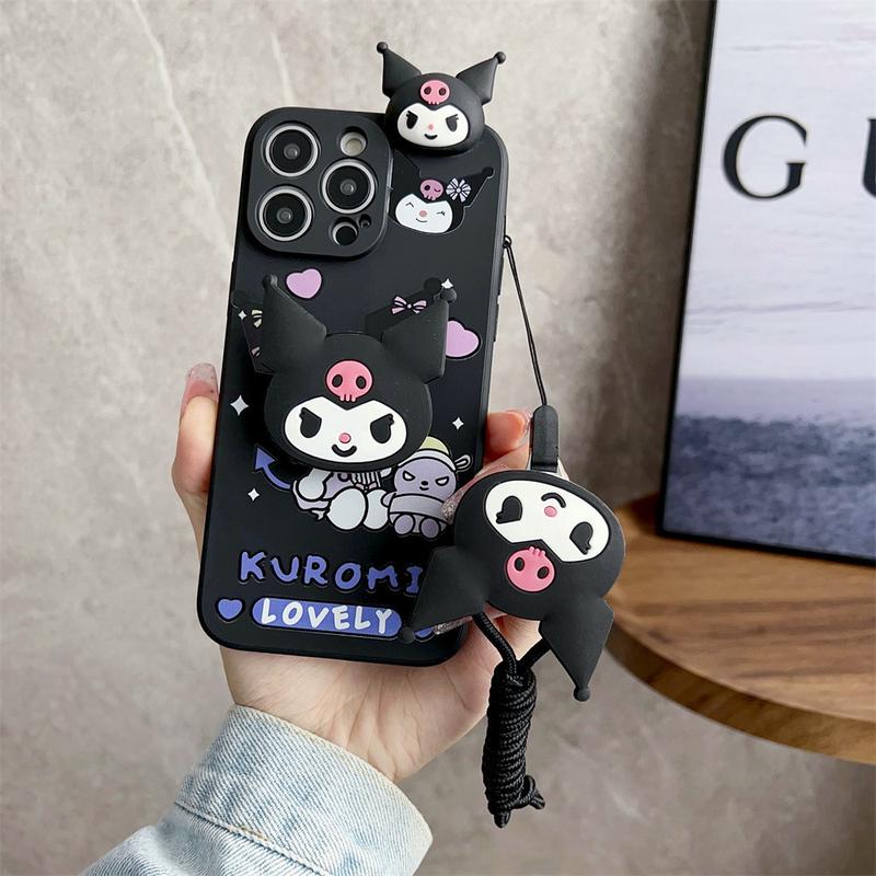 Product Introduction of 3D Cartoon Kuromi Toy With Lanyard Phone Holder Case For iPhone 16 15 14 13 12 11 Pro Max Plus Casing Soft Silicone Strap Rope Cover 23